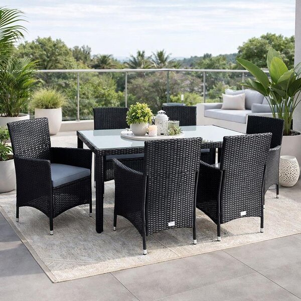 Gruppo di sedute in poly rattan set da pranzo set di mobili da giardino 6 persone set da giardino nero