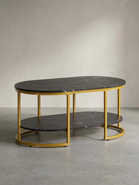 Tavolino 100x60x45 cm nero con aspetto marmo, tavolo da salotto di design rettangolare, tavolino da salotto con ripiano, tavolino moderno con struttura in metallo dorato