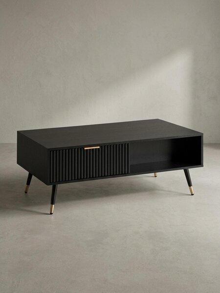 Tavolino da salotto 110x60x43 cm Nero con decorazione in rovere Tavolino da salotto, tavolino rettangolare con spazio contenitivo, tavolino da caffè con cassetti, tavolo da salotto con gambe in metallo