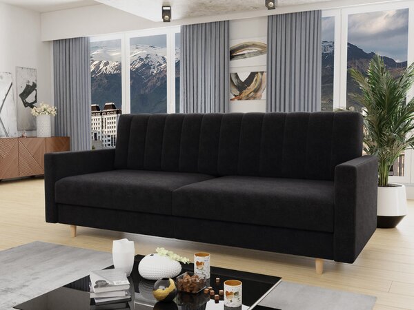 Divano letto Sara - Divano con contenitore e funzione letto, divano letto, divano letto con piedini in legno, velluto (nero (Kronos 07))