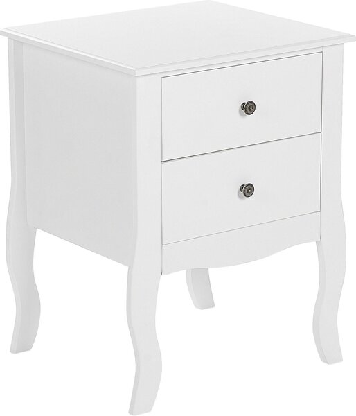 Comodino BELIANI MDF bianco 2 cassetti maniglie in metallo, gambe arrotondate, mobili da camera in stile scandinavo