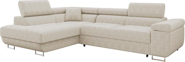 MIRJAN24 Divano angolare Torezio Cord, Elegante divano angolare con box letto e funzione notte, Poggiatesta regolabili, 274x203x70-90 cm (Colore: Poso 100, Lato: Sinistro)