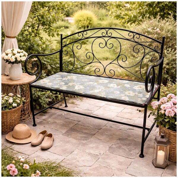 Panca da giardino Celia, modello Petunie, in metallo nero con decorazione, seduta di 109 cm