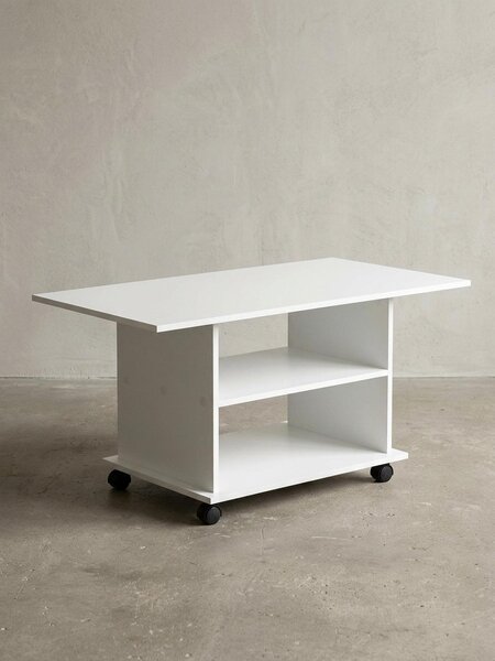 Tavolino design WL5.738 95 x 51 x 54,5 cm Bianco Girevole con rotelle, tavolino da salotto, tavolino da divano, tavolino da salotto in legno, tavolino da caffè con spazio contenitivo