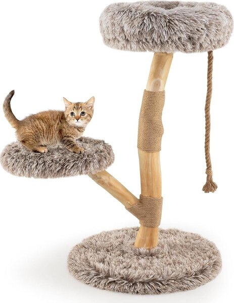 GOPLUS Tiragraffi in legno, tiragraffi da 90 cm con pali in juta, sedute in peluche e corda, tiragraffi a più piani per gattini