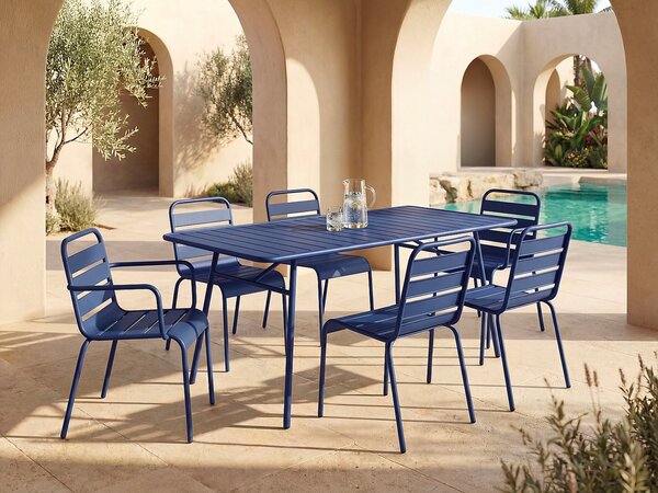 Sala da pranzo da giardino 1 tavolo + 2 poltrone e 4 sedie impilabili L.160 cm in Metallo Blu notte - MIRMANDE