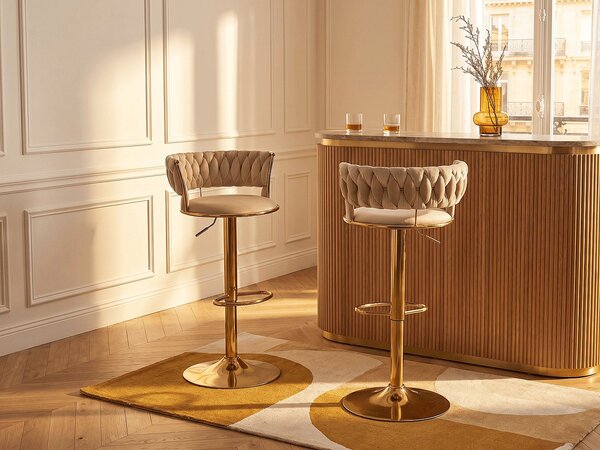 Sgabello da bar in velluto e Metallo Dorato Altezza regolabile Beige - Lotto di 2 - LOMYA