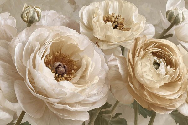 Carta da parati Ranuncoli color crema e peonie rigogliose, Carta da parati Floreale, w09780 : Uwalls.it