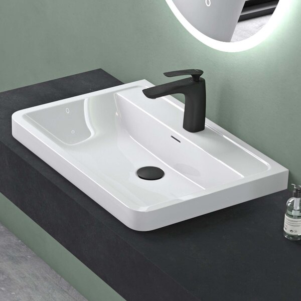 Lavabo Mai & Mai da 60 cm, vasca rettangolare, lavabo da incasso in mineralguss bianco lucido con troppopieno e foro per rubinetteria Colossum08