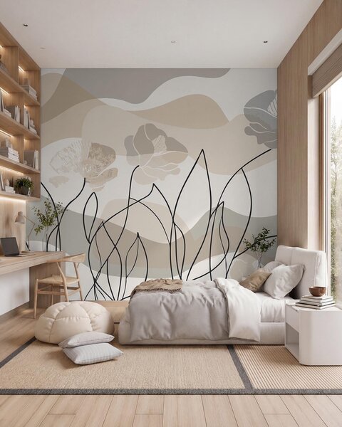 Carta da parati Astrazione beige con fiori in contorno, Carta da parati Buffer, w09989 : Uwalls.it