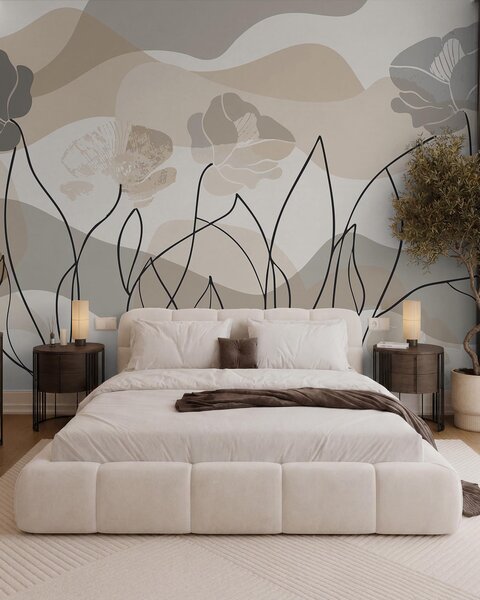 Carta da parati Astrazione beige con fiori in contorno, Carta da parati Buffer, w09989 : Uwalls.it