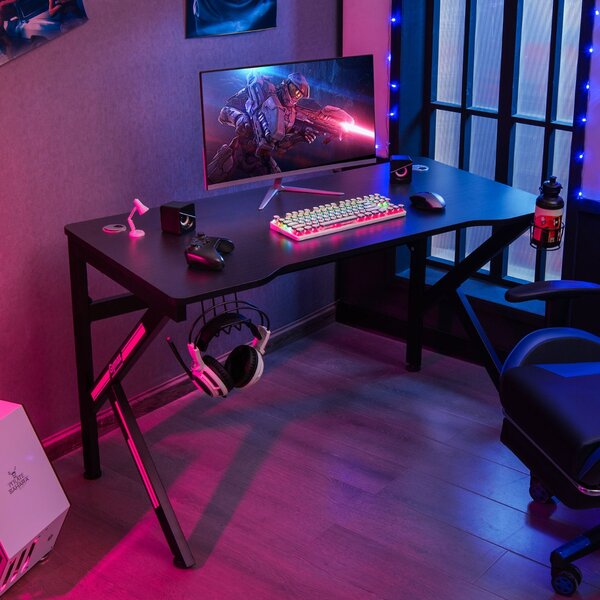 Costway Scrivania da gaming a forma di K con porta bicchiere gancio per cuffie, Tavolo computer in stile gara Nero