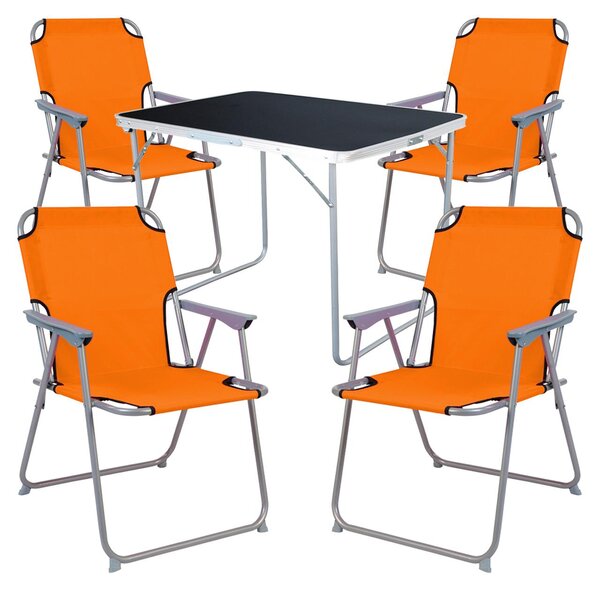 Set da campeggio composto da: tavolo da campeggio + 4 sedie pieghevoli arancioni