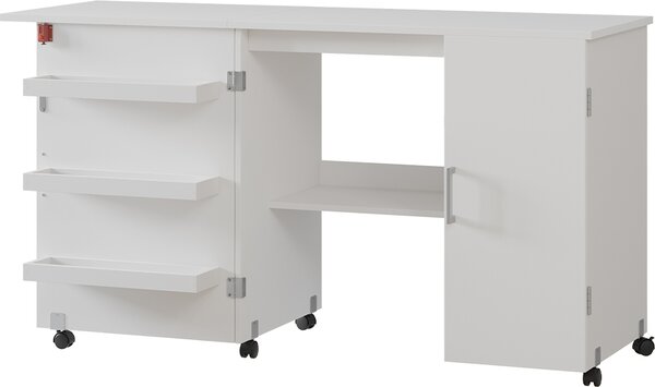 Tavolo da cucito Vicco Carmen Bianco 148 x 75 cm con 3 ripiani e armadio, Model 56210