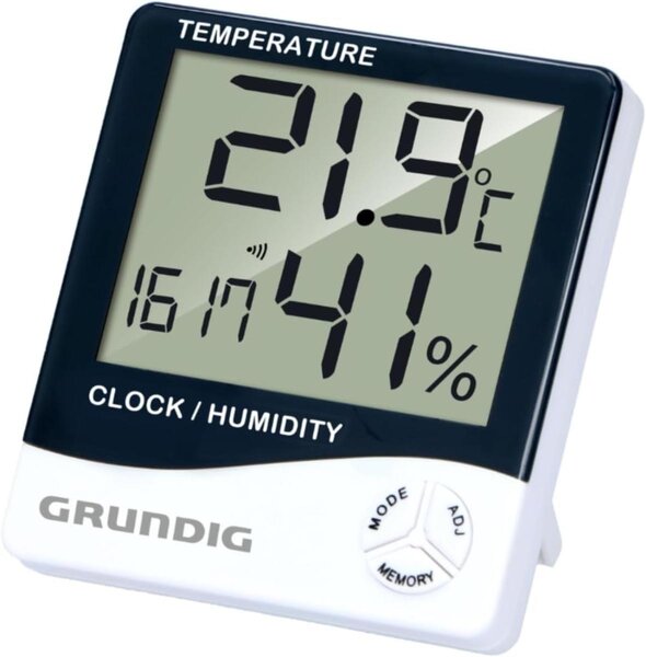 Stazione meteo digitale Grundig - Termometro e igrometro per interni ed esterni - Stazione meteo wireless con sveglia e orologio - Display LCD - 9,5 x 10,5 x 2 cm - Bianco/Nero