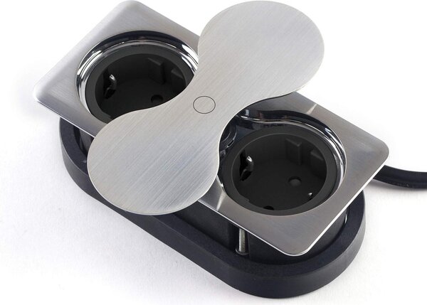Design presa di corrente da incasso angolare (2 prese Schuko) look acciaio inox con coperchio a cerniera ad apertura rapida Elemento di presa di corrente per piani di lavoro e scrivanie di SOTECH
