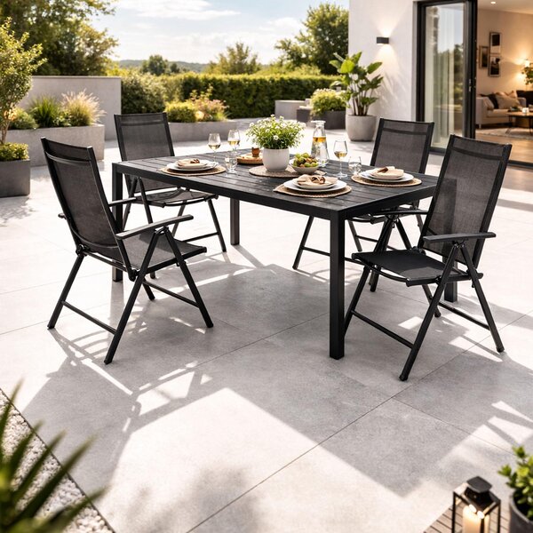 Set di mobili da giardino 5 pezzi in alluminio antracite Non-Wood nero 160x90 cm + 4 sedie con schienale alto e rivestimento in tessuto