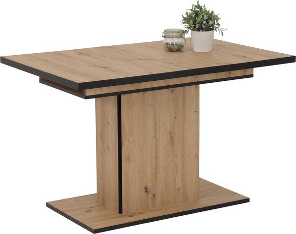 Tavolo a colonna/tavolo da pranzo Ariana, finitura rovere Artisan, bordi neri, allungabile, larghezza 120-160 cm