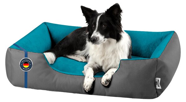 Letto per cani BedDog LUPI: divanetto e cuscino lavabili, BLUE-ROCK (grigio/blu), (XL) ca. 100x85x23 cm