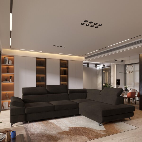 Divano angolare FAVIEN R-S di Masseno con funzione letto a L, divano con box letto, divano da soggiorno, divano, divano letto, set di divani - marrone, MONOLITH 29