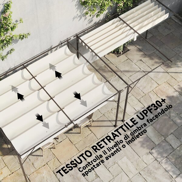 Outsunny Gazebo Pergola Addossata 3x4 m con Tetto Retrattile Scorrevole e Fori di Drenaggio, Bianco Crema | Aosom Italy