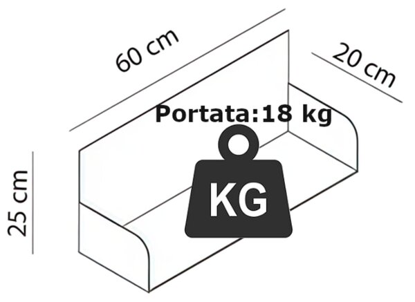 Mensola in metallo D 1 da muro Minimal Dimensioni 60x20x h 25 cm Portata massima 18 kg in acciaio verniciato Nero RAL 9005