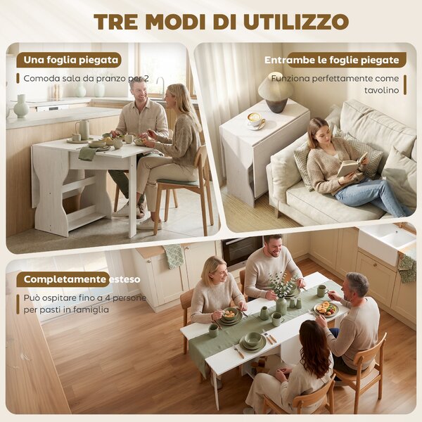 HOMCOM Tavolo da Pranzo Pieghevole per 4 Persone con Ripiano, in Legno, 160x60x75 cm, Bianco | Aosom Italy