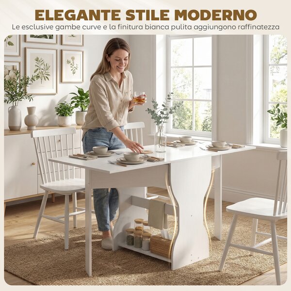 HOMCOM Tavolo da Pranzo Pieghevole per 4 Persone con Ripiano, in Legno, 160x60x75 cm, Bianco | Aosom Italy