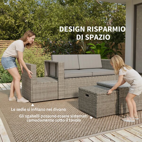 Outsunny Set da Esterno 6pz con Divano, 2 Sedie, Tavolino con Piano in Vetro e 2 Pouf, Grigio Scuro | Aosom Italy