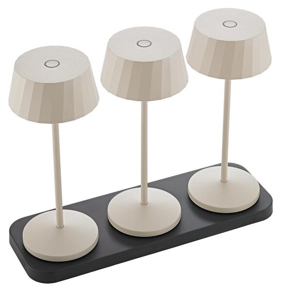 Lampada da tavolo a batteria Facetta, color sabbia, set da 3, 1,3W, tecnologia FlexMood, temperatura di colore 2200/2700K, grado di protezione IP44, luminosità 150/135 lumen, indice di resa cromatica Ra80, connettività USB-C