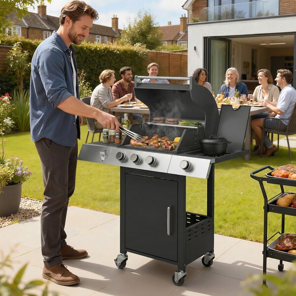 Outsunny Gas BBQ, 3 Burners, Side Burner, Cast Iron Grills, Side Tables Included. | Aosom Italy
