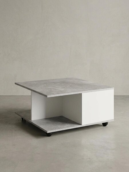 Tavolino design 70x70 cm grigio cemento / bianco, tavolino da salotto con 2 cassetti, tavolino da divano con rotelle, tavolino con 2 scomparti