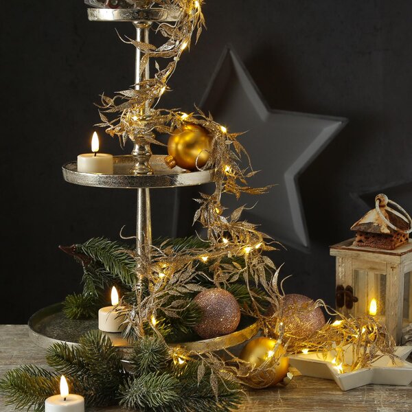 Catena luminosa a LED con foglie glitterate - 30 LED bianchi caldi - L: 150cm - timer - batteria - oro
