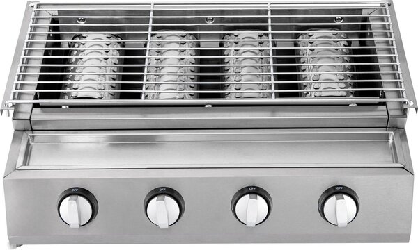 Barbecue a gas portatile - GB-04A Barbecue da tavolo a 4 fuochi - Acciaio inossidabile - Piastra Vetroceramica a infrarossi - Propano/GPL a bassa pressione - Superficie di cottura 55,8×23,2 cm - 58×40×20 cm