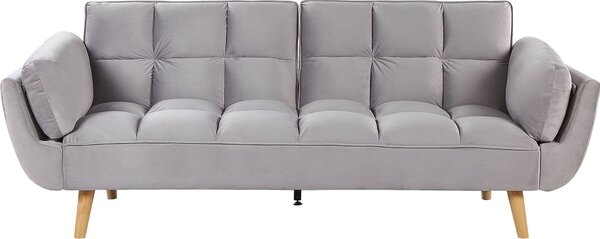 BELIANI Divano letto grigio rivestito in velluto 3 posti gambe in legno imbottitura in schiuma schienale diviso trapuntato soggiorno