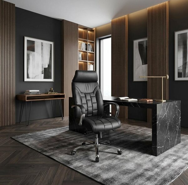 Sedia da ufficio in vera pelle nera, fino a 120 kg, sedia da scrivania con funzione basculante, poltrona da ufficio per dirigenti, con braccioli, sedia girevole, taglia X-XL