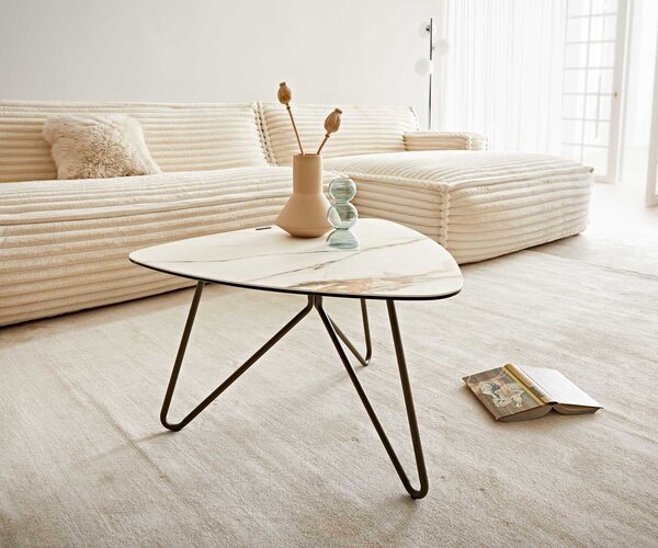 DELIFE Tavolino Ekrem, 65x65 cm, piano in Vetroceramica Calacatta, finitura bianco-oro-grigio, gambe a forma di spillo, struttura in metallo con effetto titanio