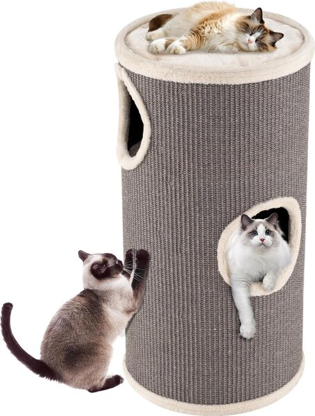 GOPLUS tiragraffi a 3 livelli, barile per gatti da 70 cm con 3 grotte, letto in peluche, superficie per sdraiarsi, tiragraffi per gatti di piccola e media taglia, Ø 36 cm (grigio)