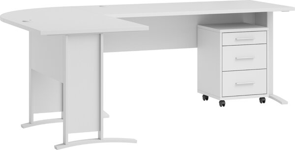 Scrivania angolare OFFICE LINE in bianco con piedistallo mobile, montabile su entrambi i lati