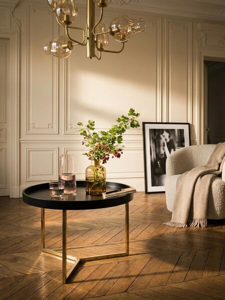 Tavolino JESI 58,5x42x58,5 cm Nero / Oro Tavolino da salotto in metallo rotondo, tavolino da salotto moderno in stile retrò, tavolino da salotto con struttura in metallo, tavolino rotondo con piano in legno
