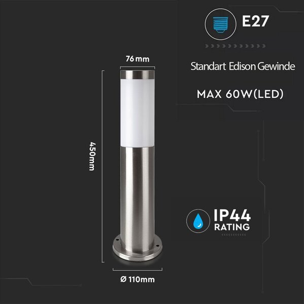 Lampada da giardino con alloggiamento in acciaio inox IP44 attacco E27 nichel satinato 45CM