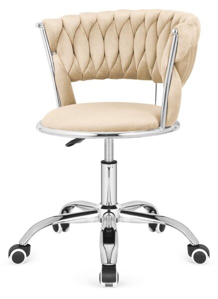 Sedia girevole in velluto beige - sedia da scrivania con schienale intrecciato, base cromata, design moderno per ufficio