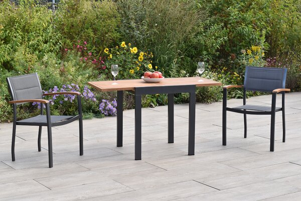 Set di mobili da giardino Merxx Paxos, 3 pezzi, 2 poltrone impilabili, tavolo allungabile da balcone 65 (130) x 65 cm - Alluminio/Acacia/Tessuto