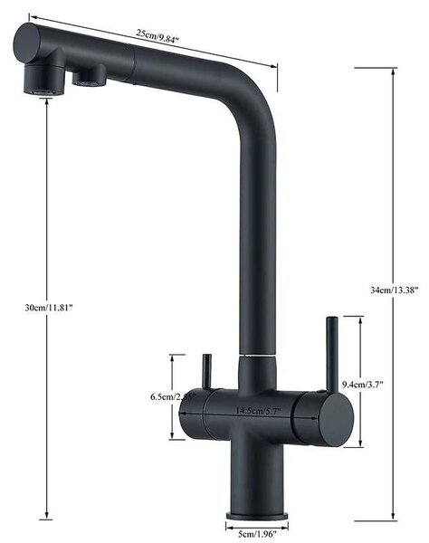 Miscelatore per lavello da cucina, estraibile, con due manopole, beccuccio girevole a 360°, filtro per acqua potabile, per acqua calda e fredda, colore nero
