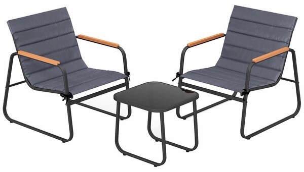 Set di mobili da balcone KOMFOTTEU, composto da 3 pezzi: 2 sedie e un tavolo. Set di mobili da giardino con cuscini removibili, schienale inclinato, piano in vetro e struttura in metallo. Piccolo set di sedute per terrazza e balcone, colore grigio