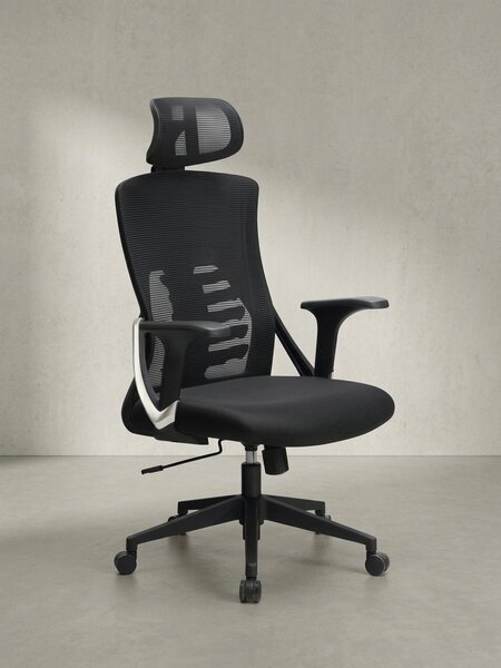 Sedia girevole ergonomica per ufficio con rivestimento in rete | sedia da scrivania con supporto lombare e poggiatesta | sedia girevole XL per 8 ore di lavoro in ufficio | moderna e regolabile in altezza | nera | ASTRA di Kadima Design