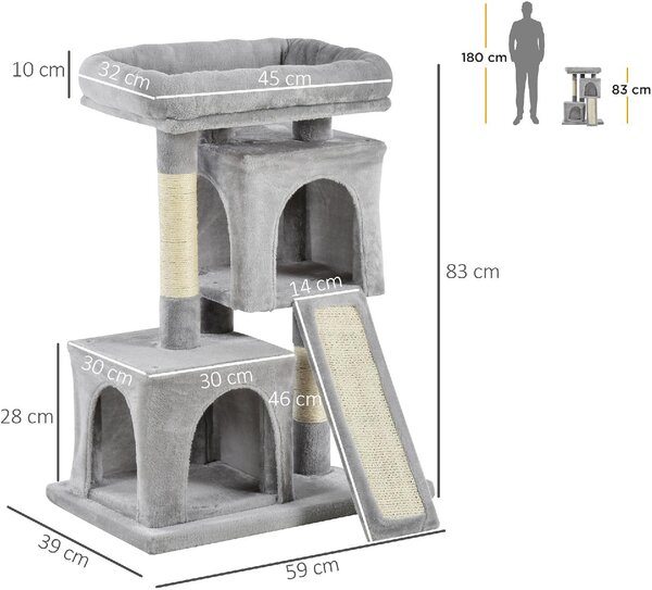 AllMyPets Tiragraffi per Gatti Albero Tiragraffi con Pali in Sisal Lettino e 2 Casette 59x39x83 cm colore Grigio - 86GY-D30