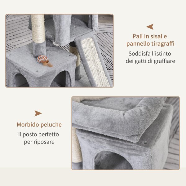 AllMyPets Tiragraffi per Gatti Albero Tiragraffi con Pali in Sisal Lettino e 2 Casette 59x39x83 cm colore Grigio - 86GY-D30