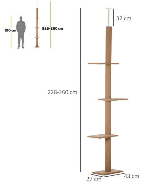 AllMyPets Tiragraffi per Gatti Albero Tiragraffi a 4 Livelli Fissaggio a Soffitto Regolabile 43x27x228-260cm - 296V02BND30
