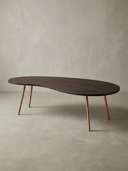 Tavolino di design JAI 122x34,5x63 cm in legno di acacia con gambe in metallo color rame, tavolino a forma di rene in legno massello grigio, tavolo in legno con gambe in metallo, tavolo moderno in legno massello, tavolo piatto moderno